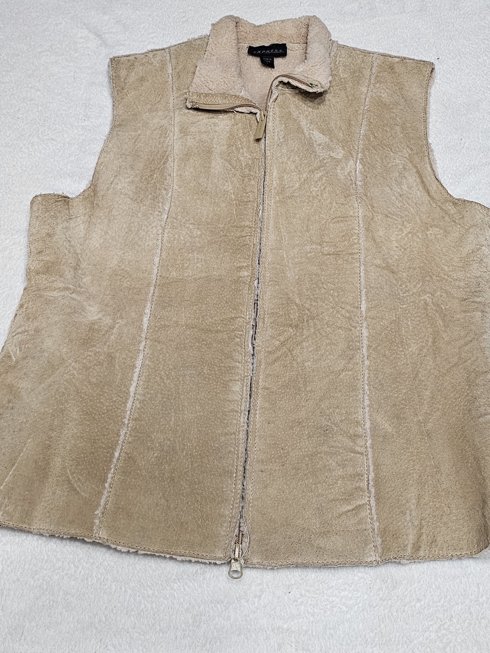Express Vintage 90s Genuine Suede Leather Sherpa Lined Vest Beige Large